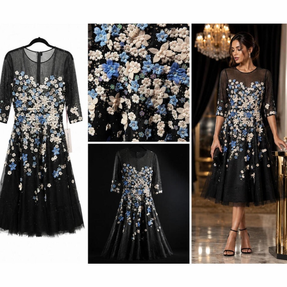Embellished Black Floral Mesh Cocktail Dress